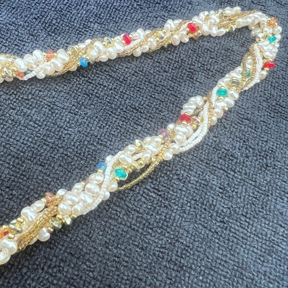 Vtg 7 Strand Necklace Faux Baroque and Seed Pearls Acrylic Gold Tone Accents 25